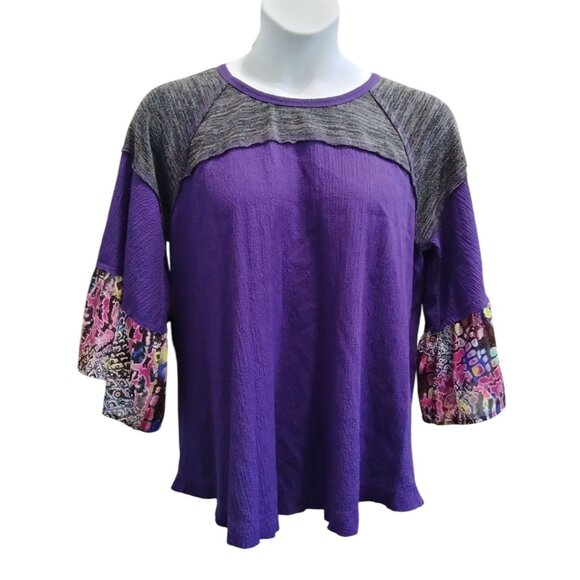 Calessa Size XL Colorblock Raglan Sleeve Purple Blouse Patterned Bell Sleeves - Picture 2 of 7